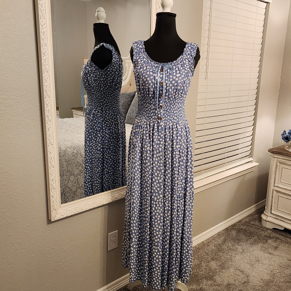 Ost Light Blue and White Polka Dot Maxi Dress